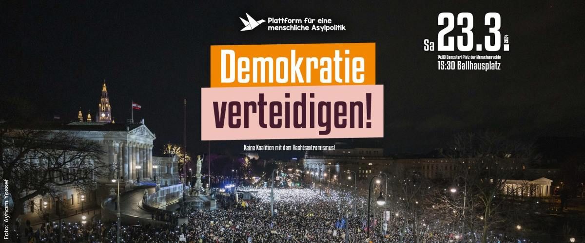 Bild von einer Demo, darüber der Text "Demokratie verteidigen!"