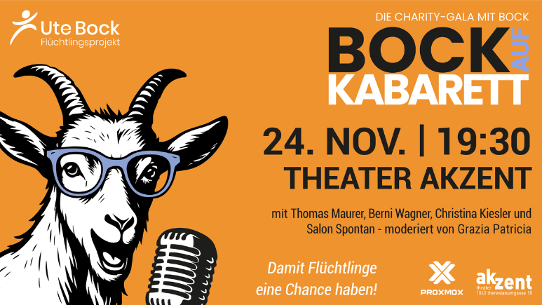 ein gezeichneter Bock vor einem Mikrofon, daneben der Text "Bock auf Kabarett"