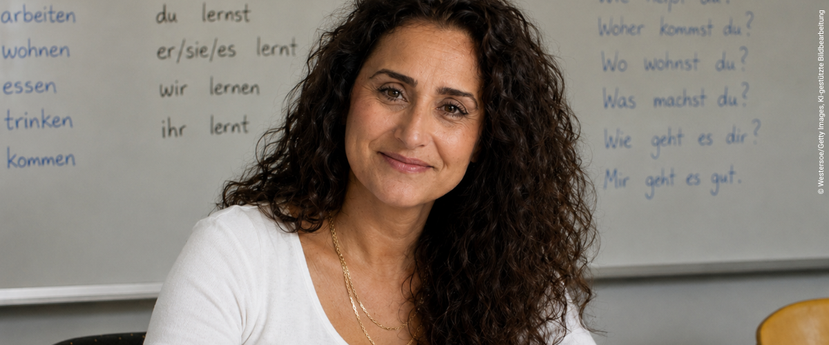 Eine Frau mit dunklen Haaren schaut in die Kamera. Hinter ihr eine Tafel mit deutschen Worten.