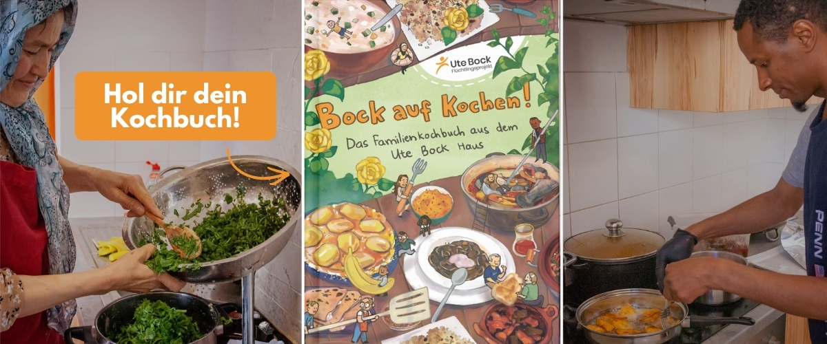 "Bock auf Kochen" Kochbuch und Bilder von kochenden Menschen mit der Bubble "Hol dir dein Kochbuch"