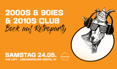Oranger Hintergrund darüber eine Grafik eines Bocks mit Kopfhörern und de Text "Bock auf Retroparty, Samstag, 24.5. The Loft""