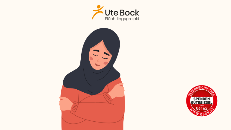 Frau mit Hijab wärmt sich selbst mit einer Umarmung; Spenengütesiegel Ute Bock