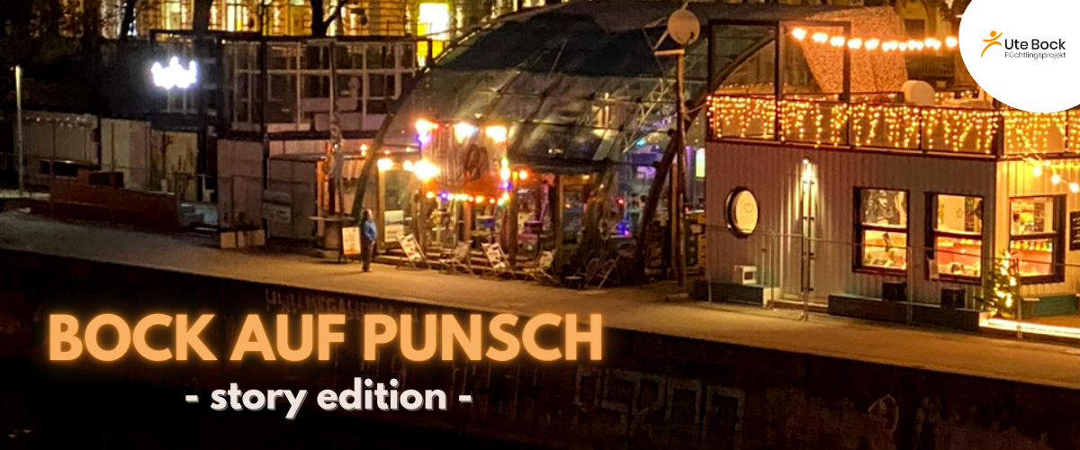 Bild vom Glaspalast Adria Wien am Donaukanal, nachts mit Lichtern und dem Text "Bock auf Punsch - Story Edition"
