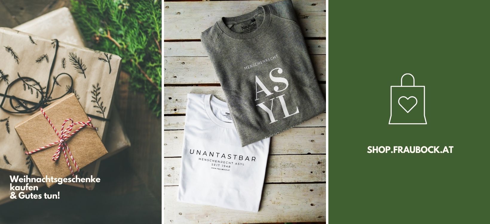 Collage mit Weihnachtspäcken, Shirt & Sweatshirt aus dem Shop und dem Link zum Shop