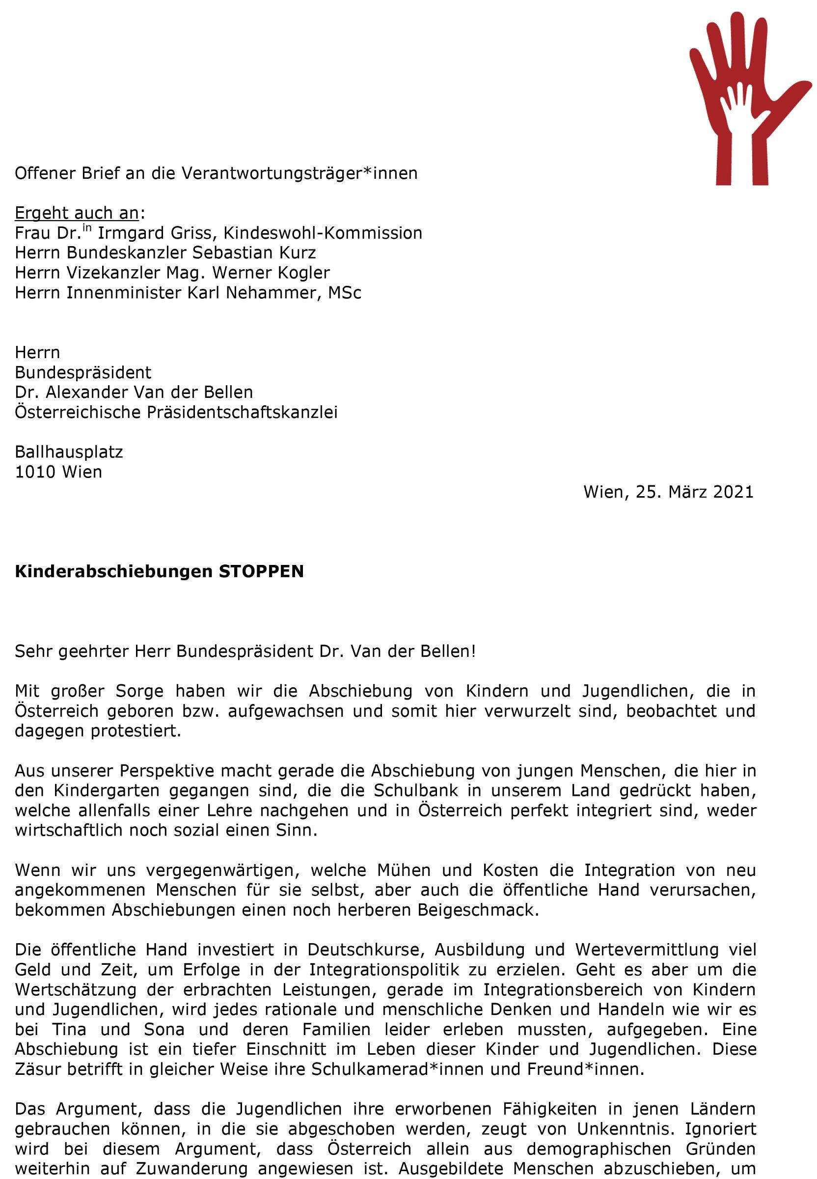 Offener Brief gegen Kinderabschiebungen