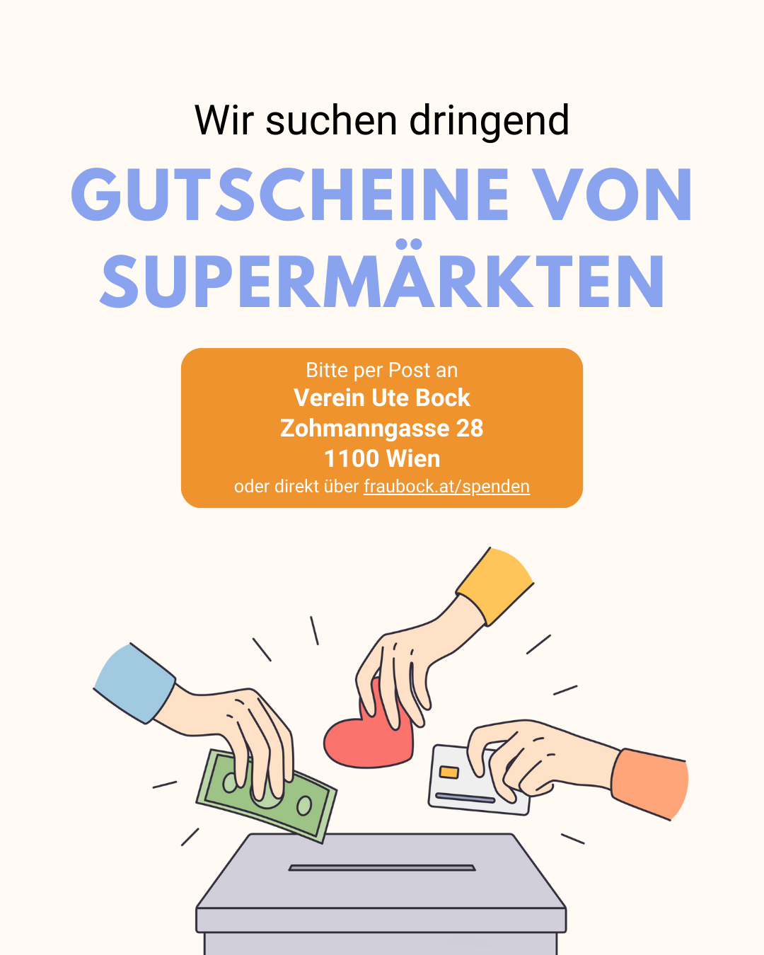 Spendenaufruf für Gutscheine von Supermärkten